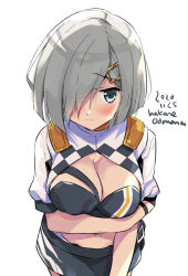 Rule 34 | 1girl, bandeau, blue eyes, blush, breasts, cleavage, closed mouth, cowboy shot, cropped jacket, dated, hair ornament, hair over one eye, hairclip, hamakaze (kancolle), jacket, kantai collection, large breasts, navel, odawara hakone, one-hour drawing challenge, race queen, short hair, silver hair, simple background, solo, twitter username, white background, white jacket