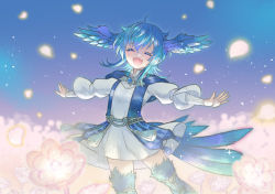 Rule 34 | 1girl, ^ ^, ahoge, belt, bird girl, bird tail, blue background, blue hair, brooch, closed eyes, colored eyelashes, commentary, dress, feathered wings, feathers, feet out of frame, final fantasy, final fantasy xiv, flower, glowing, glowing petals, happy, head wings, hood, hood down, hooded jacket, jacket, jewelry, long sleeves, medium hair, meteion, mixed-language commentary, monster girl, open mouth, outstretched arms, outstretched hand, petals, ren-co, sidelocks, sleeveless, sleeveless jacket, solo, sparkle, spoilers, spread arms, tail, tassel, white dress, wings
