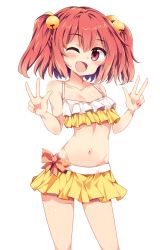 Rule 34 | 1girl, bell, bikini, bikini skirt, blush, collarbone, double v, hair bell, hair ornament, highres, jingle bell, looking at viewer, maturiuta sorato, motoori kosuzu, navel, one eye closed, open mouth, red eyes, red hair, simple background, smile, solo, standing, swimsuit, touhou, two side up, v, white background, yellow bikini