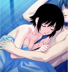 Rule 34 | 10s, 1boy, 1girl, bed, bed sheet, black hair, breasts, cleavage, closed eyes, collarbone, faceless, faceless male, hair between eyes, hands up, hetero, highres, himuro rikka, koutaro, lying, medium breasts, on side, parted lips, short hair, sleeping, third-party edit, topless, tropical kiss