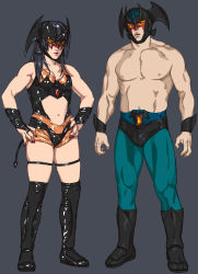 Rule 34 | 1boy, 1girl, bare shoulders, black footwear, black hair, boots, breasts, bulge, cleavage, clothing cutout, devil lady (devilman lady), devilman, devilman (character), devilman lady, green pants, hands on own hips, highres, knee boots, mask, midriff, munya (otikamohe), navel, open hands, open mouth, pants, redesign, topless male, skindentation, small breasts, stomach cutout, thigh strap, wrestler