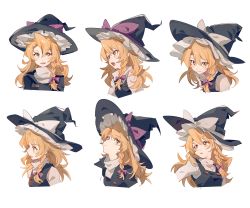 Rule 34 | 1girl, aibivy, black hat, blonde hair, bow, braid, buttons, hair between eyes, hair bow, hat, hat bow, highres, kirisame marisa, long hair, multiple views, purple bow, side braid, simple background, smile, touhou, upper body, vest, white background, white bow, witch hat, yellow eyes