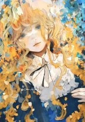 Rule 34 | 1girl, abstract background, blonde hair, blue eyes, blush, collared dress, commentary request, dress, highres, light smile, long hair, looking at viewer, neck ribbon, orie h, original, ribbon, sketch, solo, upper body