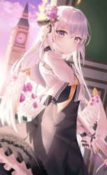 Rule 34 | 1girl, absurdres, angel wings, azusa (blue archive), black dress, blue archive, blush, clock, clock tower, closed mouth, commentary request, dress, flower, frilled dress, frills, gun, hair between eyes, hair flower, hair ornament, halo, hand in own hair, hand up, highres, holding, holding gun, holding weapon, jacket, li se, long hair, long sleeves, looking at viewer, low wings, purple eyes, purple flower, rifle, solo, tower, trigger discipline, weapon, white hair, white jacket, white wings, wings