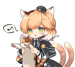 Rule 34 | 1girl, animal, animal ears, arknights, beret, black capelet, black hat, black jacket, black necktie, capelet, cat, cat ears, cat girl, cat tail, collared shirt, commentary request, eighth note, hat, holding, holding animal, jacket, light brown hair, longcat (meme), meme, mousse (arknights), multicolored hair, multiple tails, musical note, necktie, shirt, simple background, solo, spacelongcat, spoken musical note, tail, tilted headwear, two-tone hair, two tails, white background, white hair, white shirt