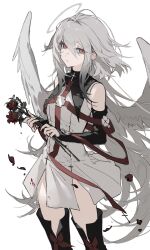 Rule 34 | angel, angel wings, black footwear, black nails, blood, blood on clothes, blood on hands, boots, closed mouth, cross, detached sleeves, dress, flower, halo, highres, long hair, long sleeves, looking at viewer, nail polish, original, petals, red eyes, red flower, red rose, rose, rose petals, snowcake47, thigh boots, two-tone dress, very long hair, white dress, white hair, wings
