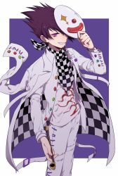 Rule 34 | 1boy, checkered background, checkered clothes, checkered floor, checkered scarf, commentary request, cosplay, danganronpa (series), danganronpa v3: killing harmony, facial hair, feet out of frame, goatee, grin, hand up, highres, holding, holding mask, holding smoking pipe, jacket, jacket on shoulders, layered sleeves, long sleeves, looking at viewer, male focus, mask, unworn mask, momota kaito, nanin, oma kokichi, oma kokichi (cosplay), open clothes, open shirt, pants, purple eyes, scarf, shirt, smile, smoking pipe, solo, spiked hair, standing, teeth, white jacket, white pants, white shirt