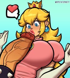 Rule 34 | 1boy, 1girl, blonde hair, blue background, blue eyes, bowser, breasts, cock ring, crown, dress, earrings, elbow gloves, erection, gloves, heart, highres, jewelry, large breasts, large penis, lips, long hair, looking down, mario (series), nintendo, parted lips, penis, pink dress, princess peach, puffy short sleeves, puffy sleeves, sex toy, short sleeves, simple background, spiked cock ring, spoken heart, starchy (mrpotatoparty), super mario bros. 1, thick lips, uncensored, upper body, white gloves