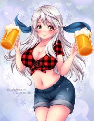 Rule 34 | 1girl, alcohol, artist name, beer, beer mug, blush, breasts, checkered clothes, checkered shirt, commentary, commission, cowboy shot, cropped shirt, cup, denim, denim shorts, english commentary, fire emblem, fire emblem: radiant dawn, grey hair, half updo, holding, holding cup, large breasts, long hair, looking at viewer, micaiah (fire emblem), midriff, mug, navel, nintendo, shirt, shorts, smile, solo, sugarbell, tied shirt, twin peaks (restaurant), yellow eyes