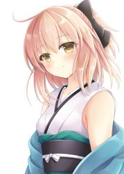 Rule 34 | 1girl, ahoge, bare shoulders, black bow, blush, bow, closed mouth, commentary request, fate (series), hair bow, iris yayoi, japanese clothes, kimono, koha-ace, looking at viewer, obi, off shoulder, okita souji (fate), okita souji (koha-ace), open clothes, orange hair, ribbon, sash, short hair, short ponytail, simple background, smile, solo, upper body, white background, white kimono, white ribbon, yellow eyes