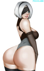 Rule 34 | 1girl, artist name, ass, back cutout, bare shoulders, black thighhighs, blindfold, blindfold slip, blue eyes, breasts, clothing cutout, curvy, elbow gloves, foxicube, from behind, gloves, hairband, huge ass, large breasts, leotard, lips, looking at viewer, nier (series), nier:automata, parted lips, short hair, sideboob, solo, thick thighs, thighhighs, thighs, white background, white hair, wide hips, 2b (nier:automata)