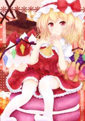 Rule 34 | 1girl, :d, ascot, blonde hair, blush, bow, cake, doughnut, female focus, flandre scarlet, food, hat, hat bow, highres, no shoes, open mouth, oversized object, pocky, red eyes, short hair, side ponytail, sitting, skirt, skirt set, smile, solo, sweets, thighhighs, touhou, uduki, white thighhighs, wings