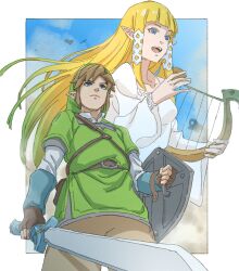 Rule 34 | 1boy, 1girl, belt, belt buckle, bird, blonde hair, blue eyes, blue sky, blunt bangs, border, bracelet, brown belt, brown pants, buckle, closed mouth, cloud, collarbone, collared shirt, commentary, dress, frown, green headwear, green tunic, hair tubes, highres, holding, holding instrument, holding shield, holding sword, holding weapon, instrument, jewelry, juliet sleeves, layered sleeves, light brown hair, link, long hair, long sleeves, lyre, nintendo, open mouth, outdoors, pants, pointy ears, pointy hat, pretty-purin720, princess zelda, puffy sleeves, shield, shirt, short over long sleeves, short sleeves, sidelocks, sky, smile, square neckline, strap, sword, teeth, the legend of zelda, the legend of zelda: skyward sword, upper teeth only, v-shaped eyebrows, weapon, white border, white dress, white shirt, wide sleeves