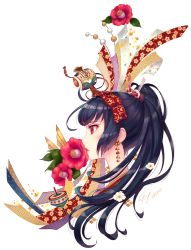 Rule 34 | 1girl, black hair, bow, brown flower, closed mouth, earrings, flower, hair bow, hair ornament, high ponytail, highres, jewelry, long hair, looking away, nishimura eri, original, ponytail, portrait, profile, red bow, red eyes, red flower, red lips, signature, solo, spinning top, white background, yellow flower
