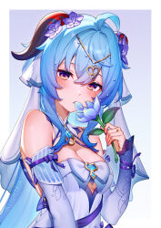 1girl ahoge blue_dress blue_flower blue_hair blush breasts chinese_commentary cleavage commentary_request cosplay detached_sleeves dress flower ganyu_(genshin_impact) genshin_impact hair_between_eyes hair_flower hair_ornament hair_ribbon halter_dress halterneck holding holding_flower horns jewelry lightria long_hair long_sleeves looking_at_viewer medium_breasts mouth_hold nilou_(breeze_of_sabaa)_(genshin_impact) nilou_(genshin_impact) nilou_(genshin_impact)_(cosplay) petals purple_eyes purple_flower ribbon ring solo very_long_hair white_ribbon