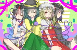 Rule 34 | 4girls, ascot, black dress, black hair, black headwear, black legwear, blonde hair, bow, bracelet, closed eyes, closed mouth, cone horns, dress, flandre scarlet, floral print, green hair, green skirt, grey horns, hat, hat bow, hat ribbon, heart, heart of string, horns, houjuu nue, indian style, jewelry, kijin seija, komeiji koishi, looking at viewer, mob cap, multicolored background, multicolored hair, multiple girls, one eye closed, one side up, piboma, puffy short sleeves, puffy sleeves, red eyes, red hair, red skirt, red vest, ribbon, rose print, shirt, short hair, short sleeves, sitting, skirt, smile, streaked hair, thighhighs, third eye, touhou, vest, white dress, white hair, white headwear, white shirt, wrist cuffs, yellow ascot, yellow bow, yellow shirt