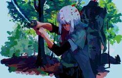 Rule 34 | 1girl, absurdres, bchan1582, black shirt, black undershirt, blood, blood spray, blue eyes, bob cut, cloak, closed mouth, commentary, cowboy shot, day, decapitation, facing viewer, forest, hair over one eye, hands up, highres, holding, holding sword, holding weapon, katana, layered sleeves, long sleeves, looking ahead, monster, nature, one eye covered, original, outdoors, serious, shirt, short hair, short over long sleeves, short sleeves, sleeves past elbows, solo, sword, tree, weapon, white hair