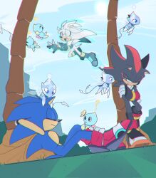 Rule 34 | 3boys, 6+others, ?, anhminh vo, animal ears, animal nose, arms behind head, arms up, artist name, black eyes, black footwear, black fur, black gloves, blue eyes, blue fur, blue skin, blue sky, body fur, boots, bracelet, bug, bush, butterfly, butterfly wings, chao (sonic), closed eyes, closed mouth, cloud, cloudy sky, colored skin, creature, crossed bangs, day, fang, fingerless gloves, flying, flying sweatdrops, furry, furry male, gloves, gold bracelet, grass, half-closed eye, hands up, hedgehog, hedgehog ears, hedgehog tail, highres, ice, ice wings, insect, insect wings, jewelry, looking at another, looking down, looking to the side, mini wings, mountain, multiple boys, multiple others, one eye closed, open mouth, outdoors, palm tree, red eyes, red footwear, red fur, shadow, shadow the hedgehog, silver the hedgehog, sitting, sky, smile, sonic (series), sonic the hedgehog, standing, sweat, sweatdrop, tail, teeth, tongue, tree, two-tone footwear, two-tone fur, two-tone gloves, watermark, white footwear, white fur, white gloves, wings, yellow butterfly, yellow eyes