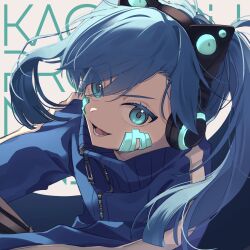 Rule 34 | 1girl, animal ear headphones, animal ears, blue eyes, blue hair, blue jacket, blue theme, blunt ends, cat ear headphones, cat ears, collared jacket, colored eyelashes, commentary, copyright name, ene (kagerou project), facial mark, fake animal ears, glowing, hair between eyes, hair over one eye, headphones, highres, jacket, kagerou project, long hair, long sleeves, lower teeth only, mekakucity actors, mokemoke chan, open mouth, popped collar, simple background, single stripe, smile, solo, striped, teeth, tsurime, twintails, white background, white stripes, zipper