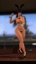 Rule 34 | 1girl, 3d, animal ears, animated, animated gif, ass, black hair, breasts, dancing, dead or alive, dead or alive 5, detached collar, high heels, highres, large breasts, long hair, navel, nipples, nude, nyotengu, office, on table, pubic hair, purple eyes, rabbit ears, repinscourge, table, thighs, wrist cuffs