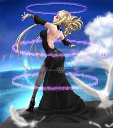 Rule 34 | 10s, 1girl, aoki hagane no arpeggio, ass, backless dress, backless outfit, black dress, blonde hair, breasts, dress, feathers, high heels, highres, kongou (aoki hagane no arpeggio), pantyhose, purple eyes, red eyes, short hair with long locks, side slit, solo, touke