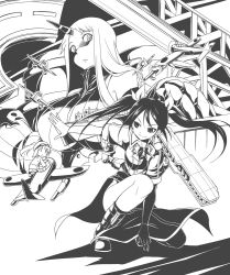 Rule 34 | 10s, 3girls, abyssal ship, aircraft, airplane, bare shoulders, breasts, claws, detached sleeves, dress, elbow gloves, fairy (kancolle), gekka kaguya (urabata), gloves, greyscale, hair ribbon, horns, kantai collection, large breasts, long hair, monochrome, multiple girls, ribbon, seaport princess, single elbow glove, single horn, smile, sweater, sweater dress, tone (kancolle), twintails