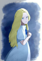Rule 34 | 1girl, blue eyes, book, dress, highres, long hair, looking at viewer, marnie (omoide no marnie), omoide no marnie, own hands together, puffy short sleeves, puffy sleeves, short sleeves, solo, white dress