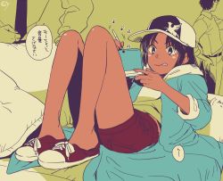 Rule 34 | :q, badrinath harchand, blush stickers, couch, dark-skinned male, dark skin, denim, denim shorts, handheld game console, hat, kidou keisatsu patlabor, multiple boys, nintendo ds, pillow, shoes, shorts, sneakers, tongue, tongue out, yukataro