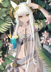 Rule 34 | 1girl, absurdres, animal ears, arknights, arm up, bikini, brown eyes, commentary, cowboy shot, criss-cross halter, cup, drinking glass, female focus, flower, halterneck, highres, holding, holding cup, laurel crown, long hair, looking at viewer, official alternate costume, platinum (arknights), platinum (shimmering dew) (arknights), see-through, shiryuu akira, silver hair, solo, standing, swimsuit, white bikini