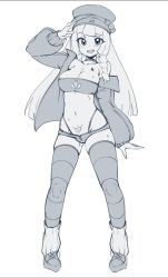 Rule 34 | 1girl, arm up, bare shoulders, blush, braid, breasts, choker, cleavage, collarbone, creatures (company), eyebrows, eyelashes, female focus, full body, game freak, gluteal fold, greyscale, groin, happy, heart, highleg, highleg panties, highres, jacket, jpeg artifacts, legs apart, lillie (pokemon), long hair, long sleeves, looking at viewer, medium breasts, micro shorts, monochrome, navel, nintendo, off shoulder, open mouth, panties, pokemon, pokemon sm, pubic tattoo, pussy juice, shoes, shorts, simple background, skindentation, slugbox, smile, socks, solo, standing, stomach, strapless, striped clothes, striped socks, sweat, tattoo, teeth, thighhighs, tube top, twin braids, underwear, upper teeth only, white background