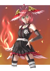 Rule 34 | 1girl, absurdres, bare shoulders, belt, bird girl, bird tail, bird wings, black choker, black dress, black thighhighs, blush, choker, cowboy shot, detached sleeves, dress, fire, fishnets, frilled dress, frills, garter straps, green eyes, head wings, highres, jewelry, kemono friends, kemono friends 3, necklace, official alternate costume, pleated dress, red hair, short hair, sleeveless, smile, solo, striped clothes, striped thighhighs, suzaku (kemono friends), tail, tanabe (fueisei), thighhighs, two-tone legwear, white belt, white thighhighs, wings, zettai ryouiki