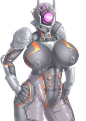 Rule 34 | 1girl, armor, artist request, breasts, breasts apart, brunhild (taimanin asagi battle arena), curvy, female focus, full armor, hands on own hips, highres, huge breasts, inverted nipples, monster girl, nipples, shiny clothes, simple background, solo, taimanin (series), taimanin asagi, taimanin rpgx, thighs, white background