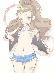 Rule 34 | 10s, 1girl, armband, bandaid, blue eyes, brown hair, clothes in mouth, clothes lift, creatures (company), cutoffs, denim, denim shorts, game freak, hilda (pokemon), long hair, moran, mouth hold, navel, nintendo, pokemon, pokemon bw, ponytail, shirt in mouth, shirt lift, short shorts, shorts, solo, sweat, unbuttoned, vest, wristband