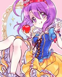 Rule 34 | 1girl, :q, apple, blue shirt, blush, bow, breasts, cosplay, cross-laced clothes, food, fruit, hair bow, highres, holding, holding food, holding fruit, jashin-chan dropkick, looking at viewer, medusa (jashin-chan dropkick), mirror, purple eyes, purple hair, shirt, short hair, skirt, small breasts, smile, snow white, snow white (disney), snow white (disney) (cosplay), solo, sparkle, tongue, tongue out, yellow skirt, yukiwo
