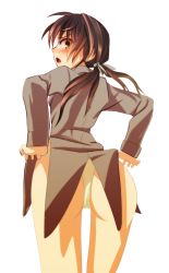 Rule 34 | 1girl, ass, blush, brown eyes, brown hair, gertrud barkhorn, long hair, military uniform, open mouth, strike witches, thighs, twintails, unier, world witches series