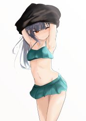 Rule 34 | 1girl, absurdres, aqua bikini, arms up, bikini, bikini skirt, black ribbon, blush, breasts, clothes lift, collarbone, grey hair, highres, kantai collection, kasumi (kancolle), kasumi kai ni (kancolle), long hair, looking down, navel, one eye closed, ribbon, shirt lift, side ponytail, simple background, small breasts, solo, swimsuit, terry311 or perry taisa, undressing, white background, yellow eyes