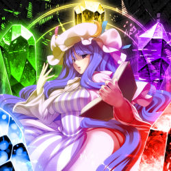 Rule 34 | 1girl, book, breasts, crescent, crystal, embodiment of scarlet devil, female focus, hat, highres, large breasts, long hair, long sleeves, magic circle, patchouli knowledge, pentagram, purple eyes, purple hair, solo, symbol-shaped pupils, touhou, tro, very long hair