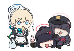 Rule 34 | 3girls, apron, armband, bag, beret, black dress, black gloves, black hair, black hat, black jacket, black shirt, black skirt, blazer, blonde hair, blue archive, blue bow, blue eyes, bow, chibi, commentary request, dress, earpiece, eating, food, frilled apron, frills, gloves, grey pantyhose, halo, hat, holding, holding bag, holding food, horns, ice cream, ice cream cone, jacket, jitome, juliet sleeves, justice task force member (blue archive), long sleeves, maid, maid apron, mob cap, multiple girls, no shoes, nyaru (nyaru 4126), open mouth, pantyhose, peaked cap, plastic bag, pleated skirt, prefect team member (blue archive), puffy sleeves, shirt, simple background, skirt, soft serve, standing, sweat, toki (blue archive), translation request, wavy mouth, white apron, white background, white hat