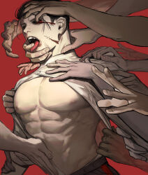 Rule 34 | 1boy, abs, black hair, black sclera, bleeding, blood, colored sclera, facial hair, facial scar, fang, finger in another&#039;s mouth, fingernails, golden kamuy, grabbing, groping, hair slicked back, hair strand, hand on another&#039;s arm, hand on another&#039;s head, hand on another&#039;s neck, hand on another&#039;s shoulder, hand on another&#039;s stomach, highres, long sleeves, male focus, midomido, muscular, muscular male, navel, nipples, ogata hyakunosuke, open clothes, open mouth, open shirt, out of frame, partially unbuttoned, reaching, red background, scar, scar on cheek, scar on face, shirt, shirt tucked in, short hair, sideburns, simple background, solo focus, strangling, stubble, tearing clothes, tongue, tongue out, torn clothes, undercut, upper body, white shirt