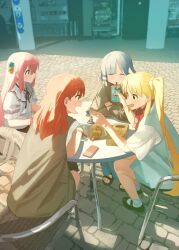 Rule 34 | 4girls, absurdres, ahoge, alternate costume, band, blonde hair, blue eyes, blue hair, blue socks, bocchi the rock!, bow, cable tie, cable tie around wrist, cellphone, chair, closed eyes, cube hair ornament, cup, drink, drinking, drinking straw, drinking straw in mouth, food, food theft, gotoh hitori, green eyes, hair ornament, hairclip, highres, holding, holding drink, holding food, ijichi nijika, kessoku band, kita ikuyo, long hair, map, mole, mole under eye, multiple girls, on chair, open mouth, phone, pink hair, polka dot, polka dot bow, ponytail, red eyes, red hair, shirasuke 0822, shirt, side ahoge, side ponytail, sitting, socks, sweat, white shirt, yamada ryo