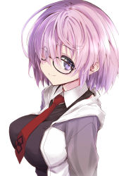 Rule 34 | 1girl, black-framed eyewear, breasts, closed mouth, fate/grand order, fate (series), from side, hood, hoodie, large breasts, looking at viewer, mash kyrielight, necktie, open clothes, open hoodie, purple eyes, purple hair, red necktie, shibamine takashi, short hair, simple background, smile, solo, upper body, white background