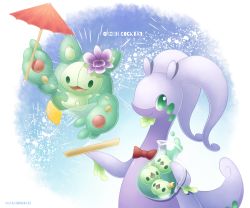 Rule 34 | closed mouth, commentary request, creatures (company), flower, game freak, gen 5 pokemon, gen 6 pokemon, goodra, green eyes, highres, holding, holding jug, holding umbrella, liquid, nintendo, no humans, pokemon, pokemon (creature), purple flower, reuniclus, sasabunecafe, smile, solosis, umbrella