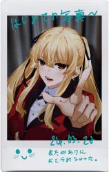 Rule 34 | 1girl, angry, blazer, blush, border, camera, character signature, formal, hand on own hip, hyakkaou academy school uniform, jacket, kakegurui, long hair, looking at viewer, m10cmdesu, open mouth, polaroid, red suit, saotome mary, school uniform, selfie, shirt, simple background, solo, suit, twintails, white border