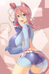 Rule 34 | 10s, 1girl, animal ears, ass, blue eyes, breasts, cat ears, cat tail, clothing cutout, covered erect nipples, creatures (company), fang, from behind, game freak, gloves, gym leader, hair ornament, holding, holding poke ball, huge breasts, kemonomimi mode, magister, midriff, nintendo, open mouth, poke ball, pokemon, pokemon bw, red hair, scrunchie, shorts, skyla (pokemon), smile, solo, tail, tail through clothes, thigh strap, topknot