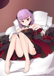 Rule 34 | 1girl, armpits, artist name, bare shoulders, barefoot, belt, black panties, coat, detached collar, detached sleeves, dress, fate/grand order, fate (series), frilled dress, frills, hair ribbon, helena blavatsky (fate), helena blavatsky (third ascension) (fate), highres, juralumin, looking at viewer, lying, on back, panties, pillow, purple eyes, purple hair, ribbon, short hair, solo, strapless, strapless dress, tube dress, underwear
