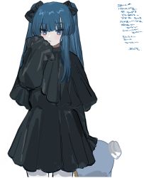 Rule 34 | 1girl, black bow, black dress, blue eyes, blue hair, bow, budo (budoboros), closed mouth, commentary request, cowboy shot, dress, hair bow, hand up, holding, holding stuffed toy, long hair, looking at viewer, original, pout, sanrio, simple background, sleeves past wrists, solo, stuffed toy, translation request, tuxedo sam, twintails, white background, white legwear