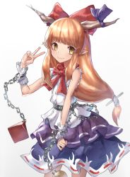 Rule 34 | 1girl, bare shoulders, belt, black belt, blunt bangs, bow, bowtie, chain, closed mouth, cowboy shot, earrings, hair bow, horn ornament, horns, ibuki suika, jewelry, leste (humansequencer), long hair, looking at viewer, low-tied long hair, oni horns, orange hair, pointy ears, purple skirt, red bow, red bowtie, shirt, skirt, sleeveless, sleeveless shirt, smile, solo, stud earrings, touhou, v, very long hair, white shirt, white wrist cuffs, wrist cuffs, yellow eyes