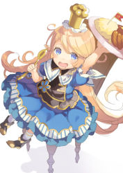 Rule 34 | 10s, 1girl, :d, arm up, bad id, bad pixiv id, blonde hair, blue dress, blue eyes, blush, chair, charlotta (granblue fantasy), dress, food, from above, granblue fantasy, harvin, holding, holding spoon, long hair, looking up, mini flag, open mouth, outstretched arm, plate, pointy ears, sitting, sketch, smile, spoon, very long hair, white background, yumekui