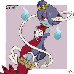 Rule 34 | 1girl, bare shoulders, blue skin, chinese clothes, colored skin, detached sleeves, dress, female focus, hair over one eye, highres, kemami e, leviathan (skullgirls), monster girl, red eyes, skullgirls, squigly (skullgirls), stitched mouth, stitches, zombie