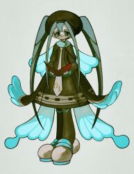 Rule 34 | 1girl, absurdres, black dress, black hat, black pantyhose, blue eyes, blue hair, blue wings, book, bug miku (project voltage), butterfly wings, closed mouth, creatures (company), dress, fake wings, full body, game freak, grey background, grey footwear, grey necktie, hair between eyes, hat, hatsune miku, highres, holding, holding book, insect wings, long hair, long sleeves, looking at viewer, mime 404, necktie, nintendo, pantyhose, pokemon, project voltage, shoes, simple background, solo, standing, twintails, very long hair, vocaloid, wings